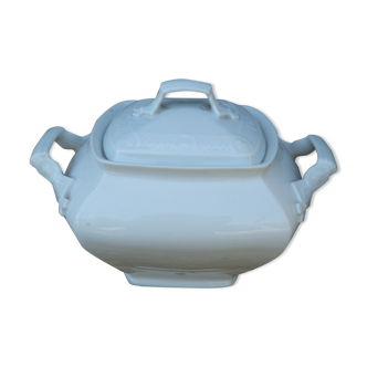 Ancien bol à bouillon petite soupière couvert en porcelaine blanche