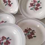 7 Salins Odile soup plates – raspberry flowers & blue border
