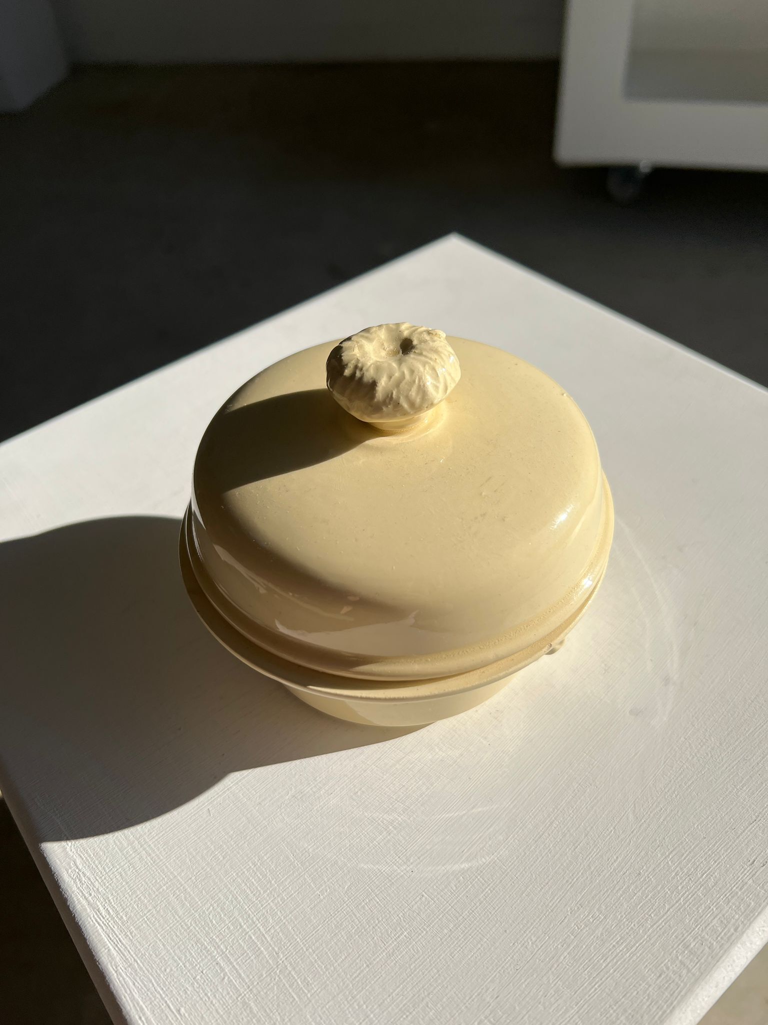 Glazed light yellow ceramic terrine