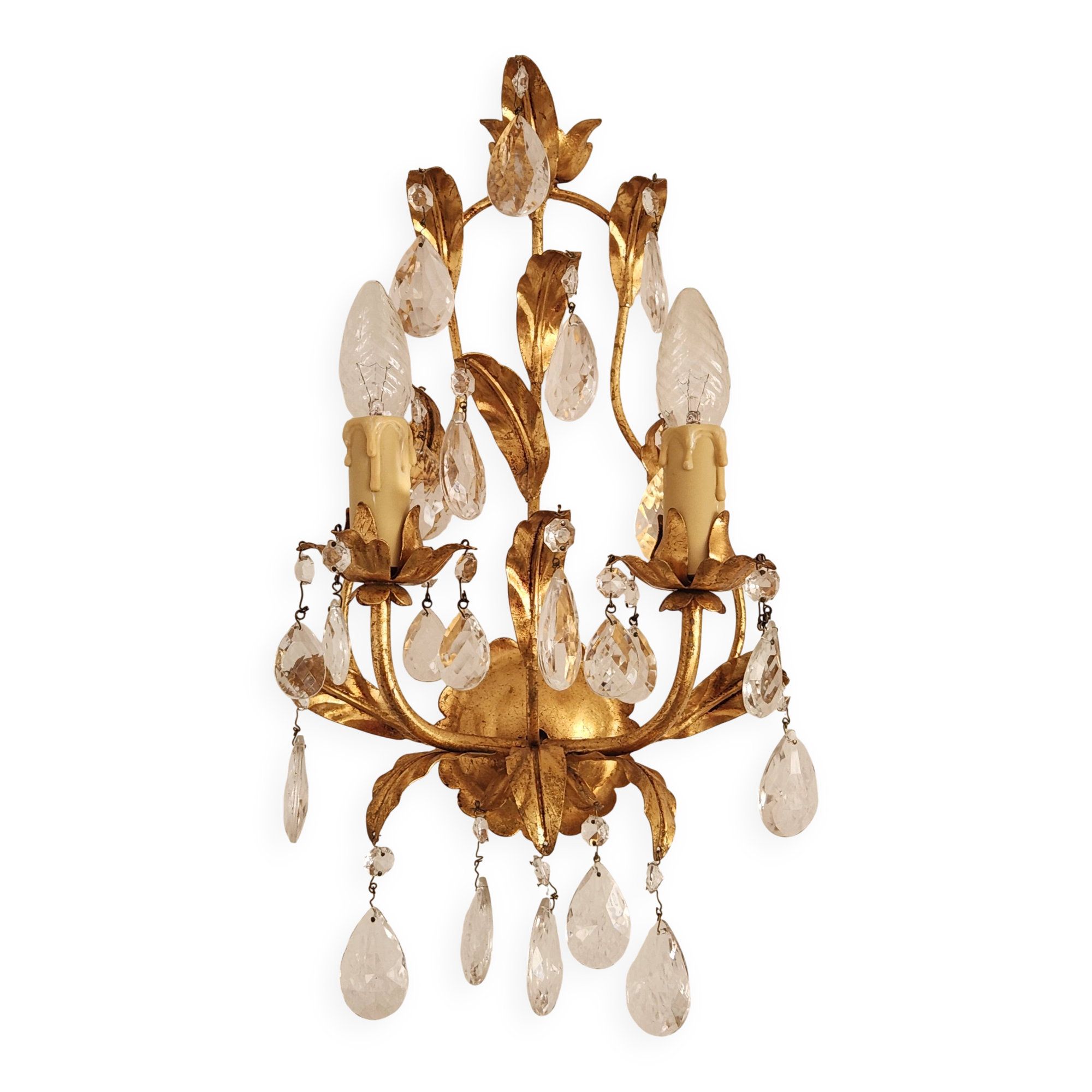 Hand-forged wall lamp gilded with gold leaf and crystals, Italy