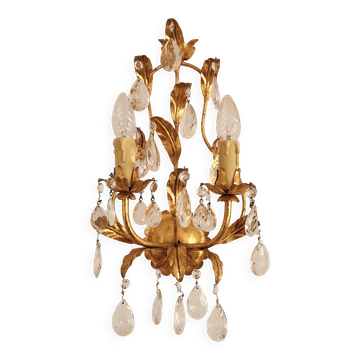 Hand-forged wall lamp gilded with gold leaf and crystals, Italy
