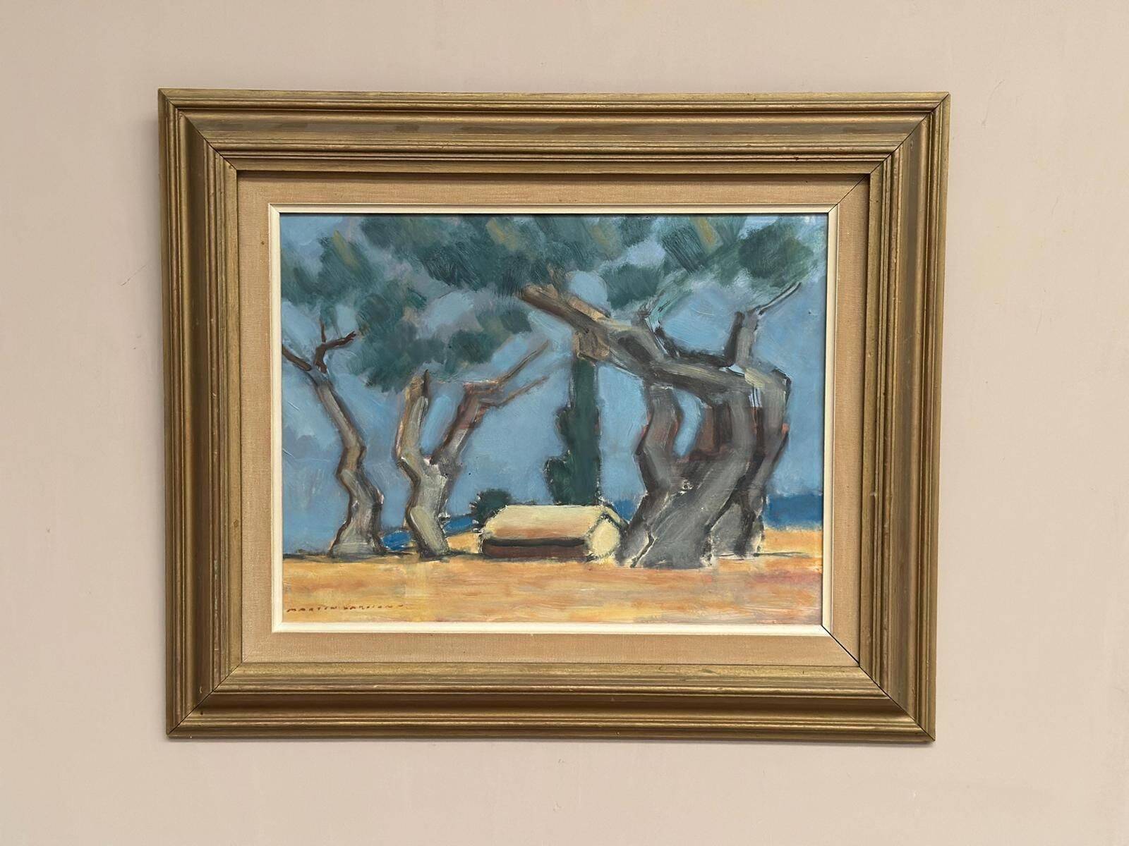 Huile sur panneau d'origine suédoise – « Hutte entre les arbres » par Martin Larsson – Vintage et encadrée – 48 × 40 cm (18,9" × 15,7")
