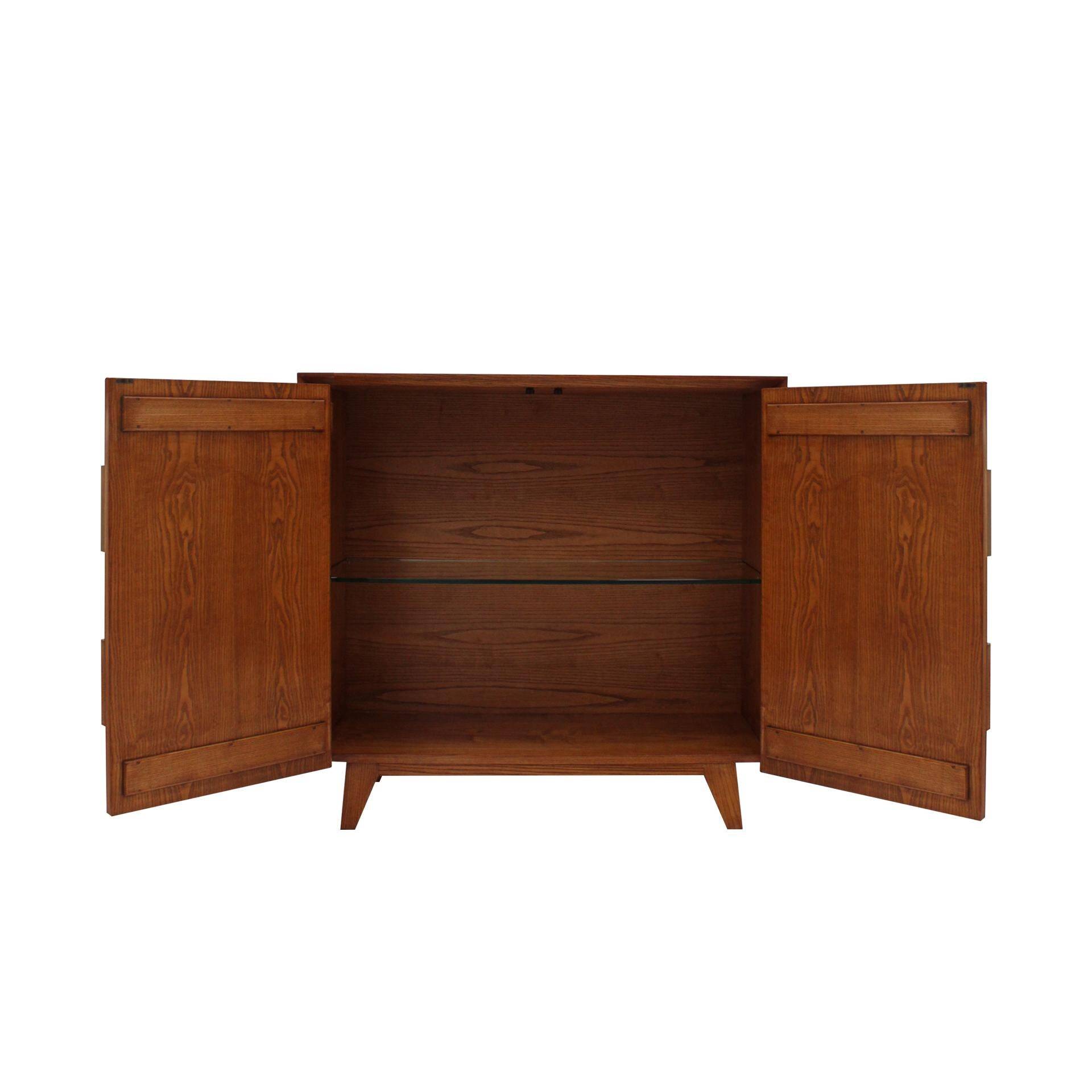 Mid Modern Style Faceted Oak Sideboard with Glass Shelf, Suitable as a Bar