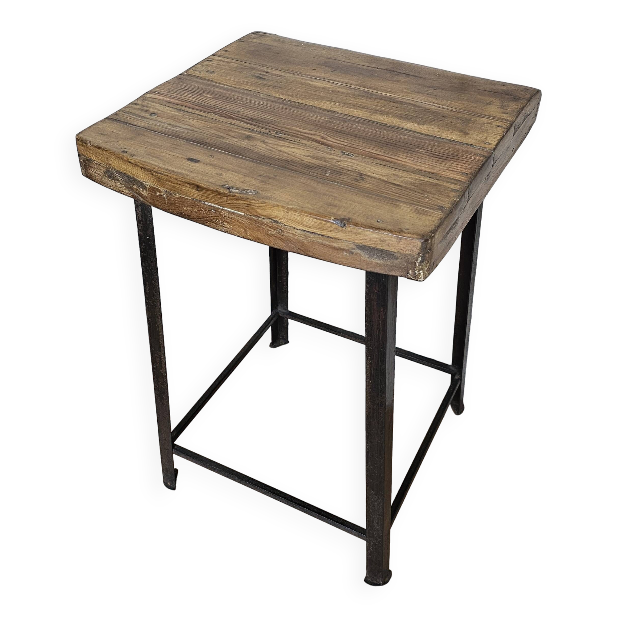 Old workshop stool in wood + wrought iron