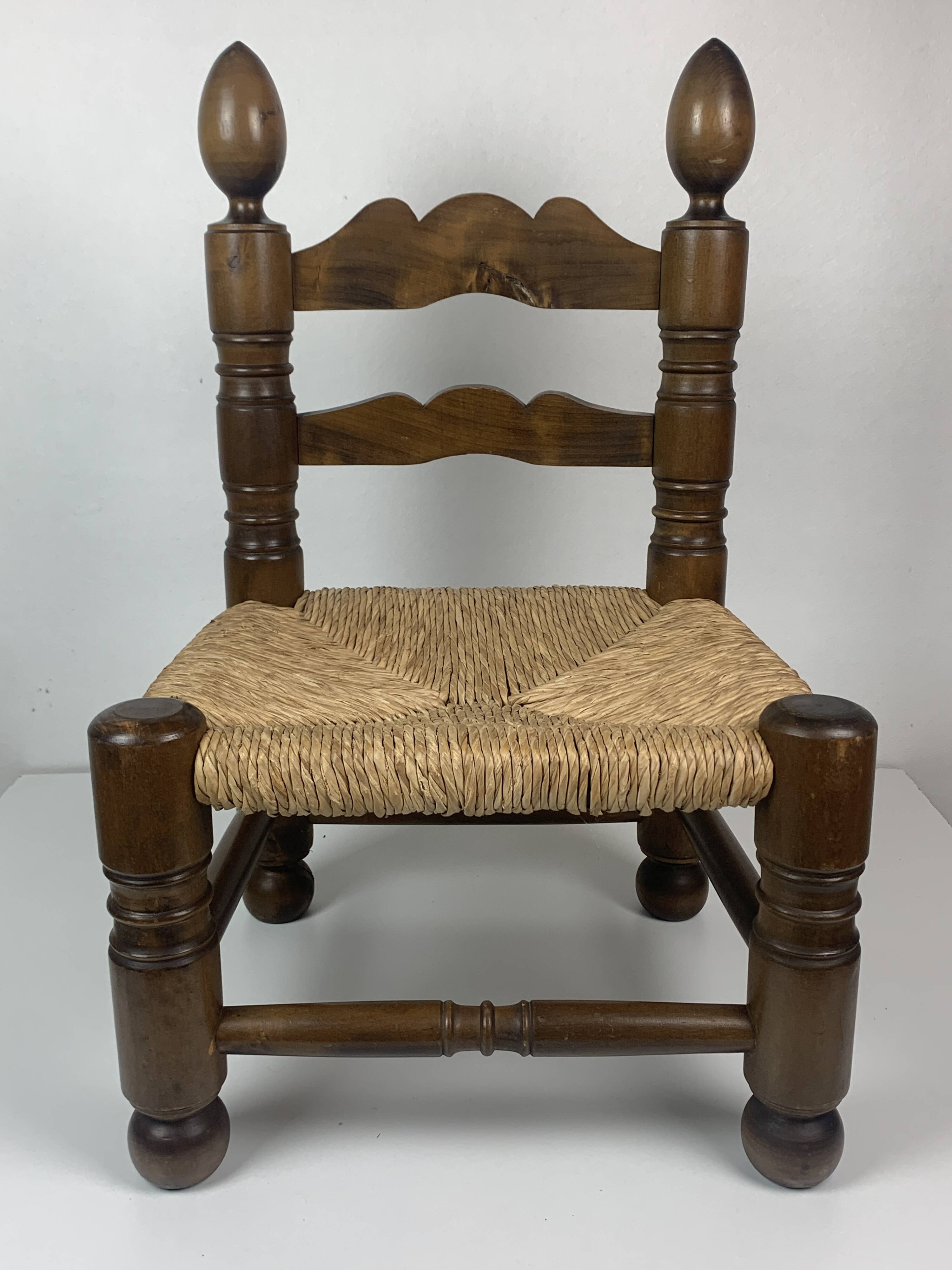 Wood Turned Bobbin Low Rush Chair in the manner of Charles Dudouyt, France, 1950s