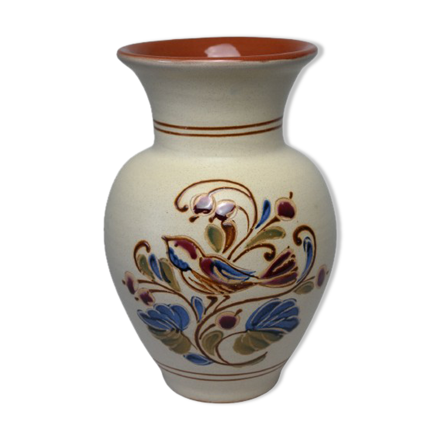 Vintage ceramic vase with bird decoration, signed.