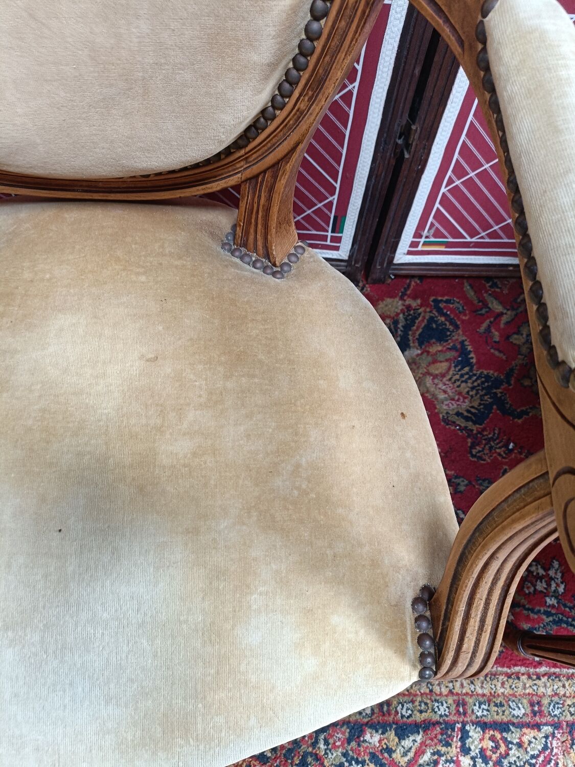 Pair of armchairs medallion Louis XV style, yellow velvet