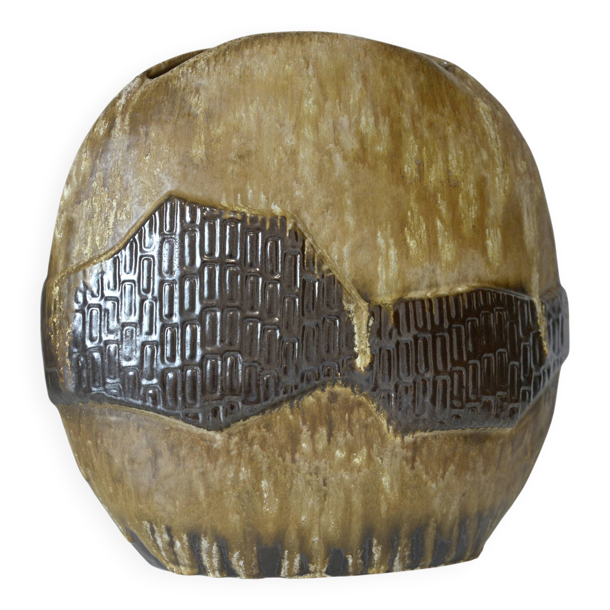 Vintage ceramic floor pampas grass vase brown fat lava pottery Germany 70's