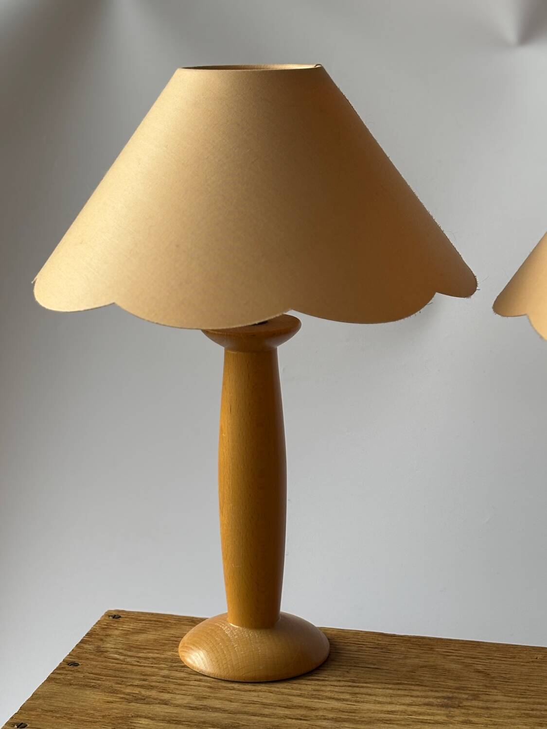 2 vintage wooden and fabric bedside lamps