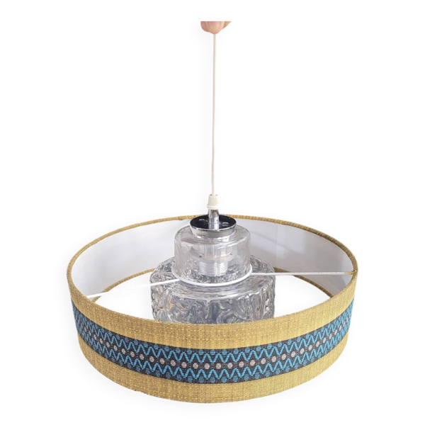 Suspension vintage globe en verre moulé et abat-jour