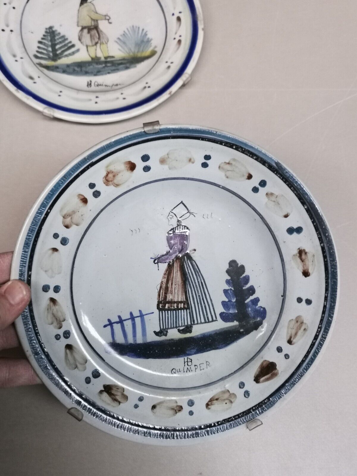 2 old faience collection plates from Quimper HB. Brittany