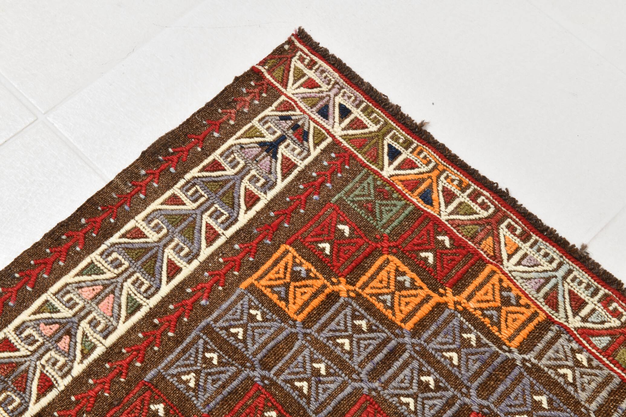 Deep Burgundy & Mustard Yellow Star Pattern Turkish Kilim Rug, 145x282 Cm