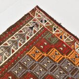 Deep Burgundy & Mustard Yellow Star Pattern Turkish Kilim Rug, 145x282 Cm