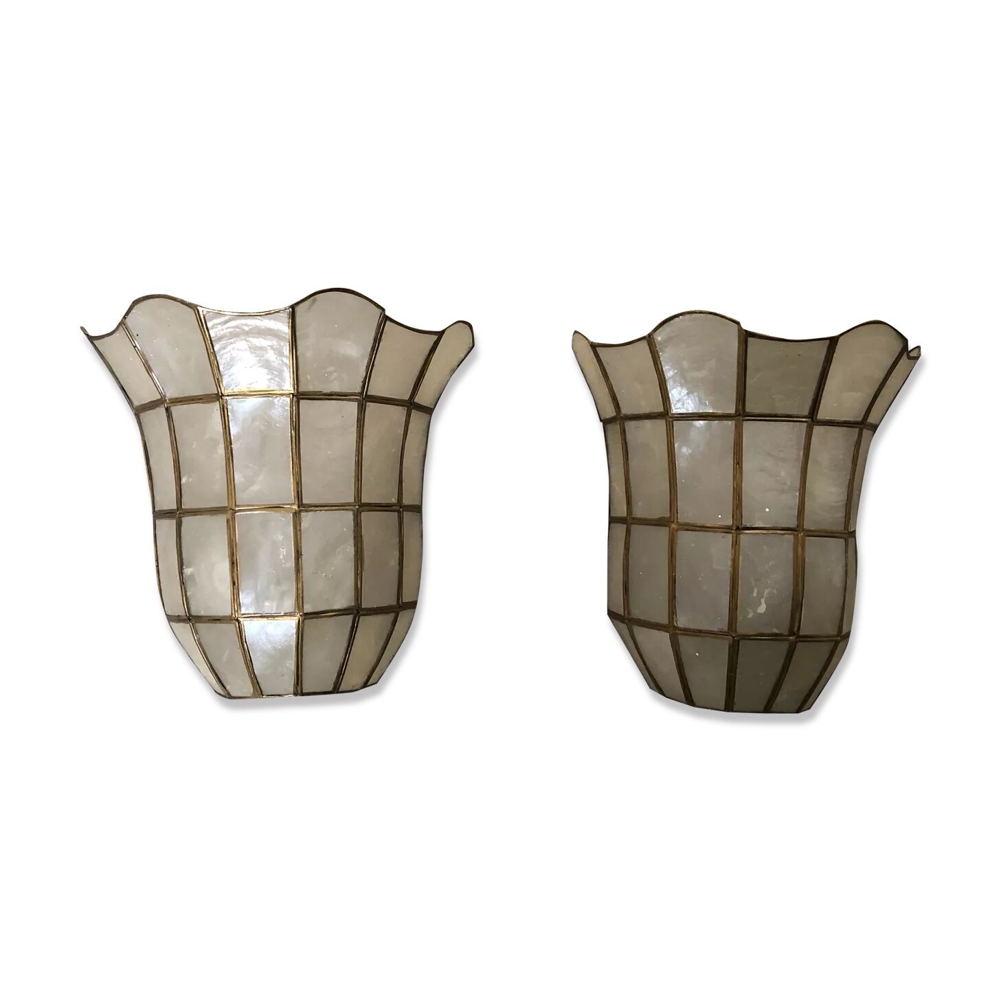 Set of two vintage mother-of-pearl and brass wall lamps