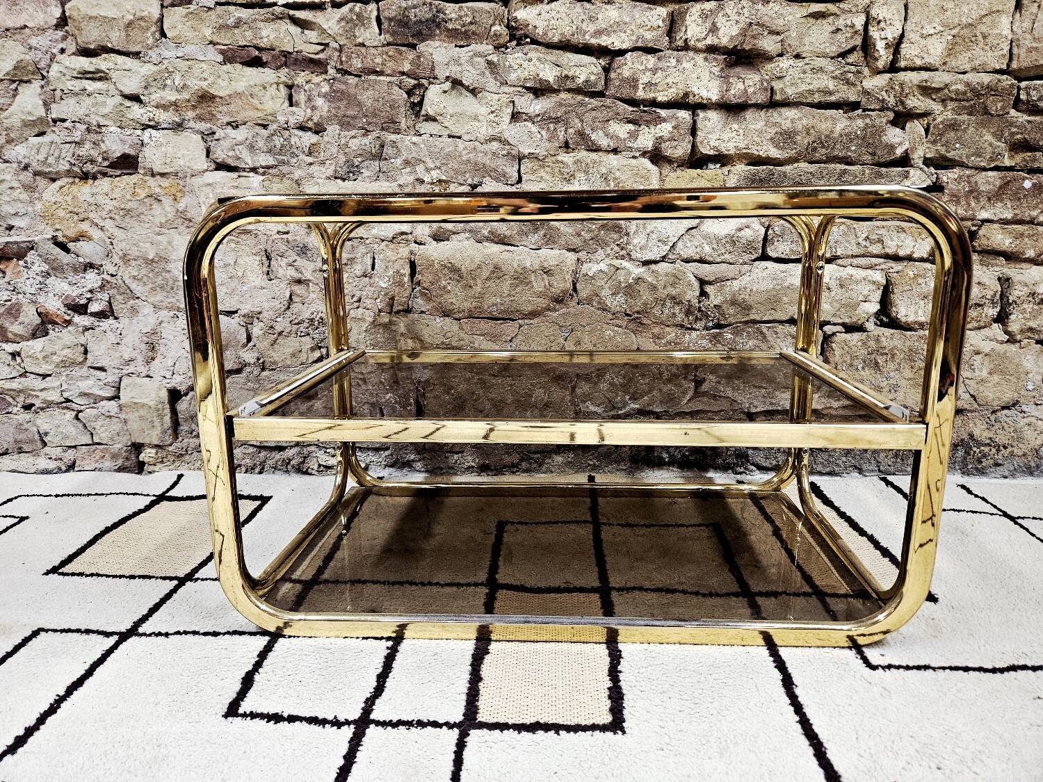 Brass coffee table with sliding top and smoked glass, 1970s vintage