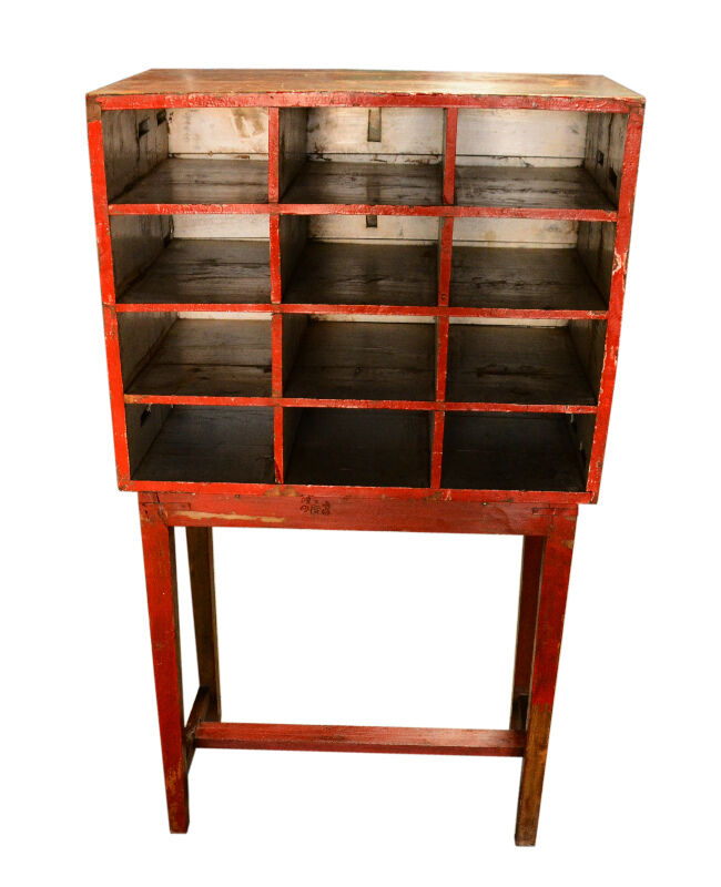 Red shelf 12 boxes old postal locker teak wood piece and original patina 77x41x138cm