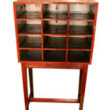 Red shelf 12 boxes old postal locker teak wood piece and original patina 77x41x138cm