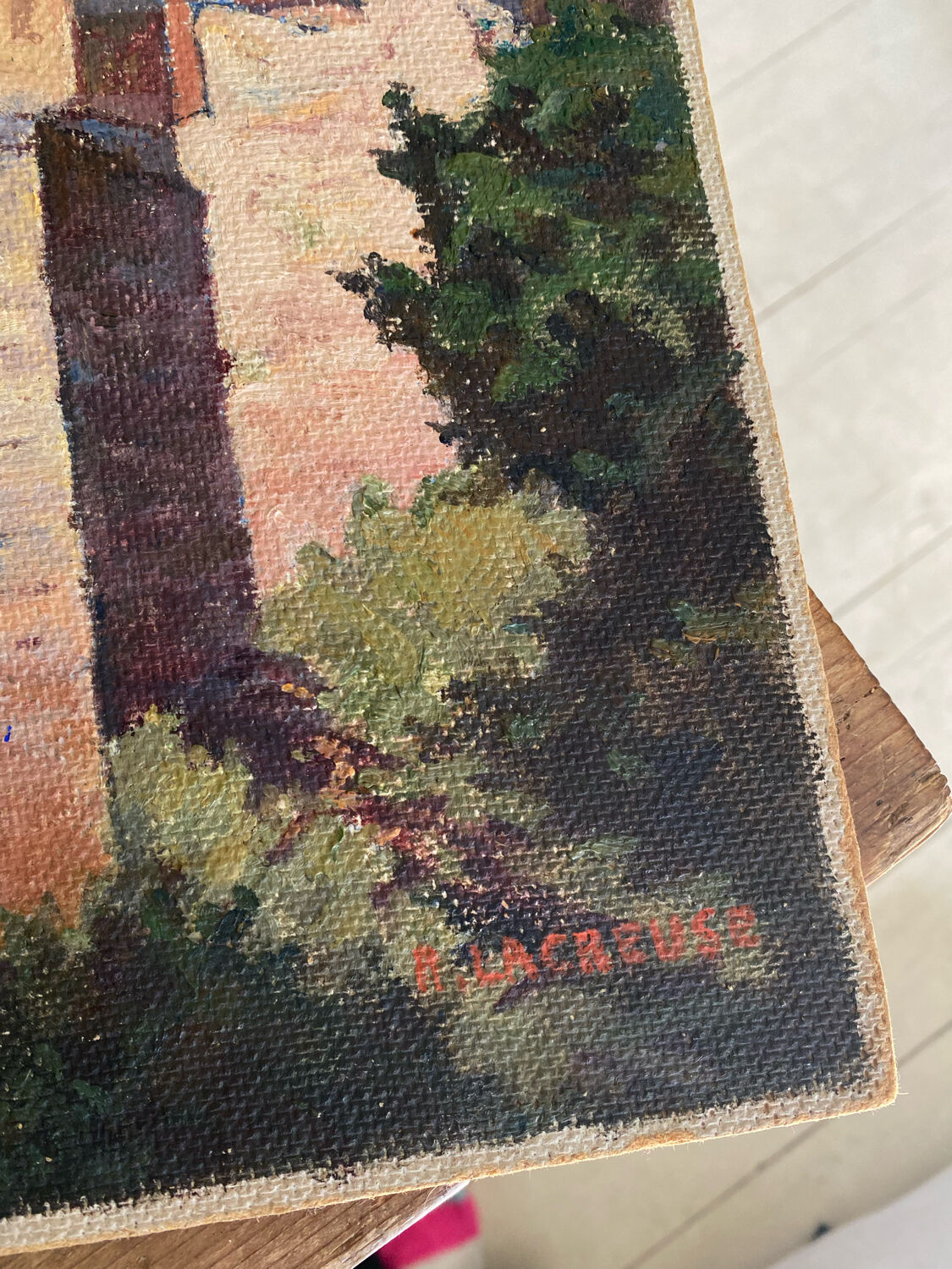 Painting signed sunny village soft colors