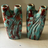 Vintage pair of turquoise and red ceramic candlesticks