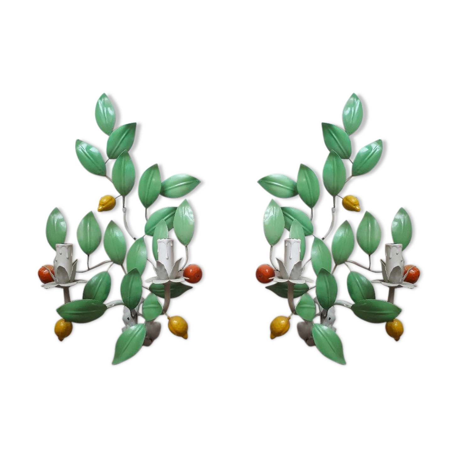 Pair of 70s tole foliage lemon clementine fruit wall lights