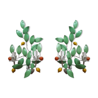 Pair of 70s tole foliage lemon clementine fruit wall lights