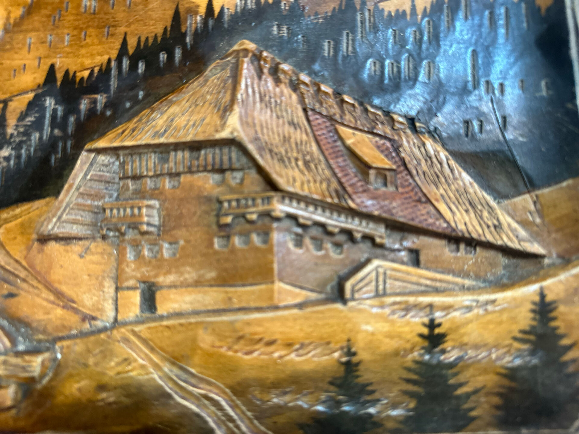 Carved wooden wall panel Black Forest Chalet mountain Switzerland Germany