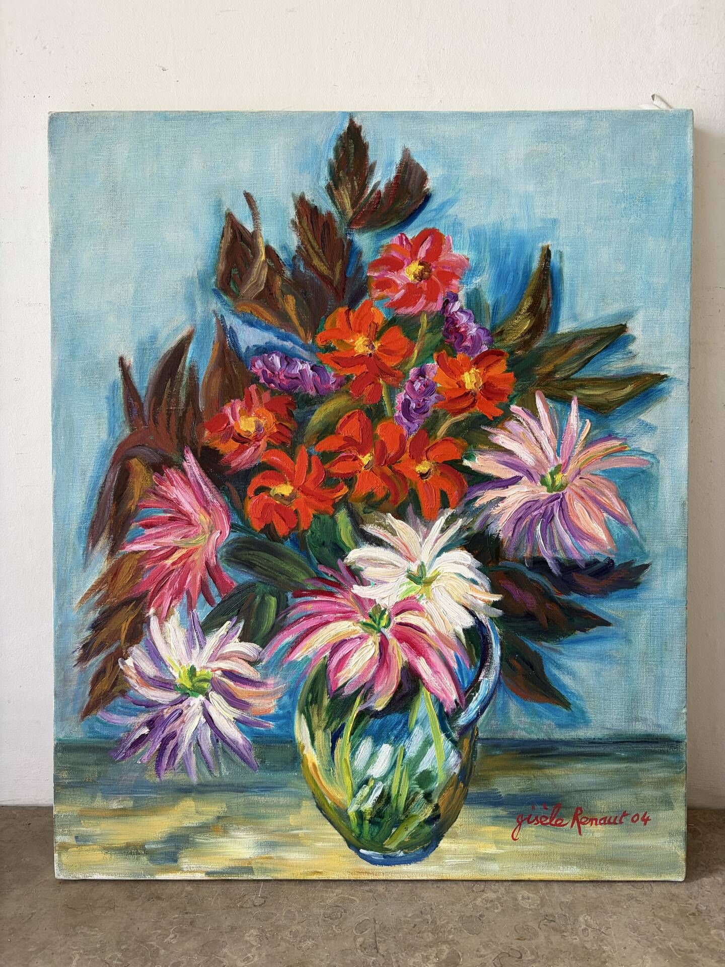 Dahlias and Zinnias, oil on canvas signed Gisèle Renaut