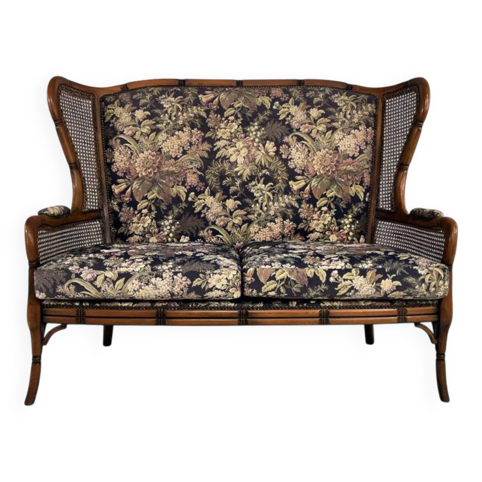 Wingback 2-seater sofa in carved wood, cane and fabric