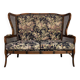 Wingback 2-seater sofa in carved wood, cane and fabric