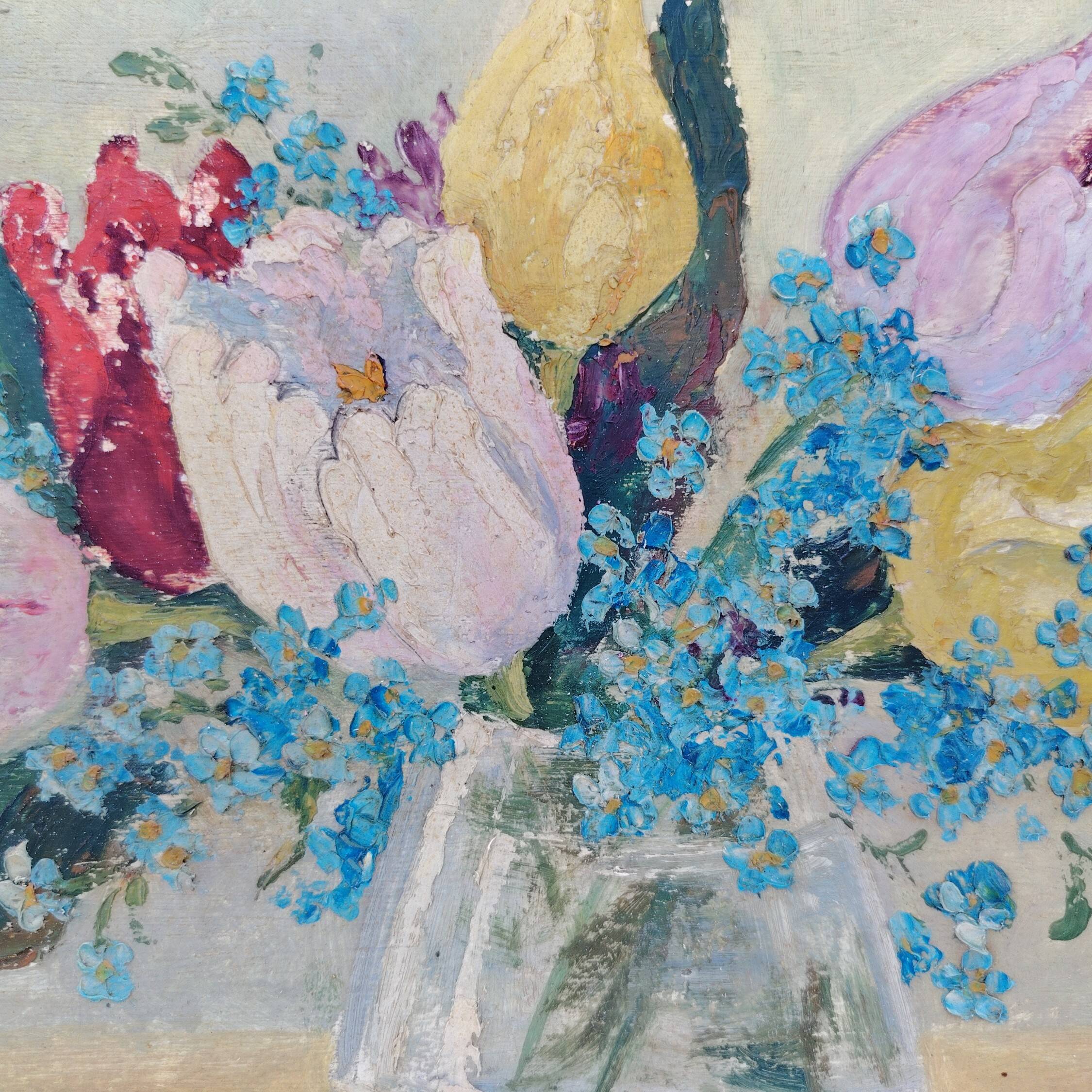 Oil on cardboard Tulips and Forget-me-nots Latallerie-beurier