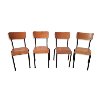 Set of 4 vintage tubular school chairs from the 60s 70s