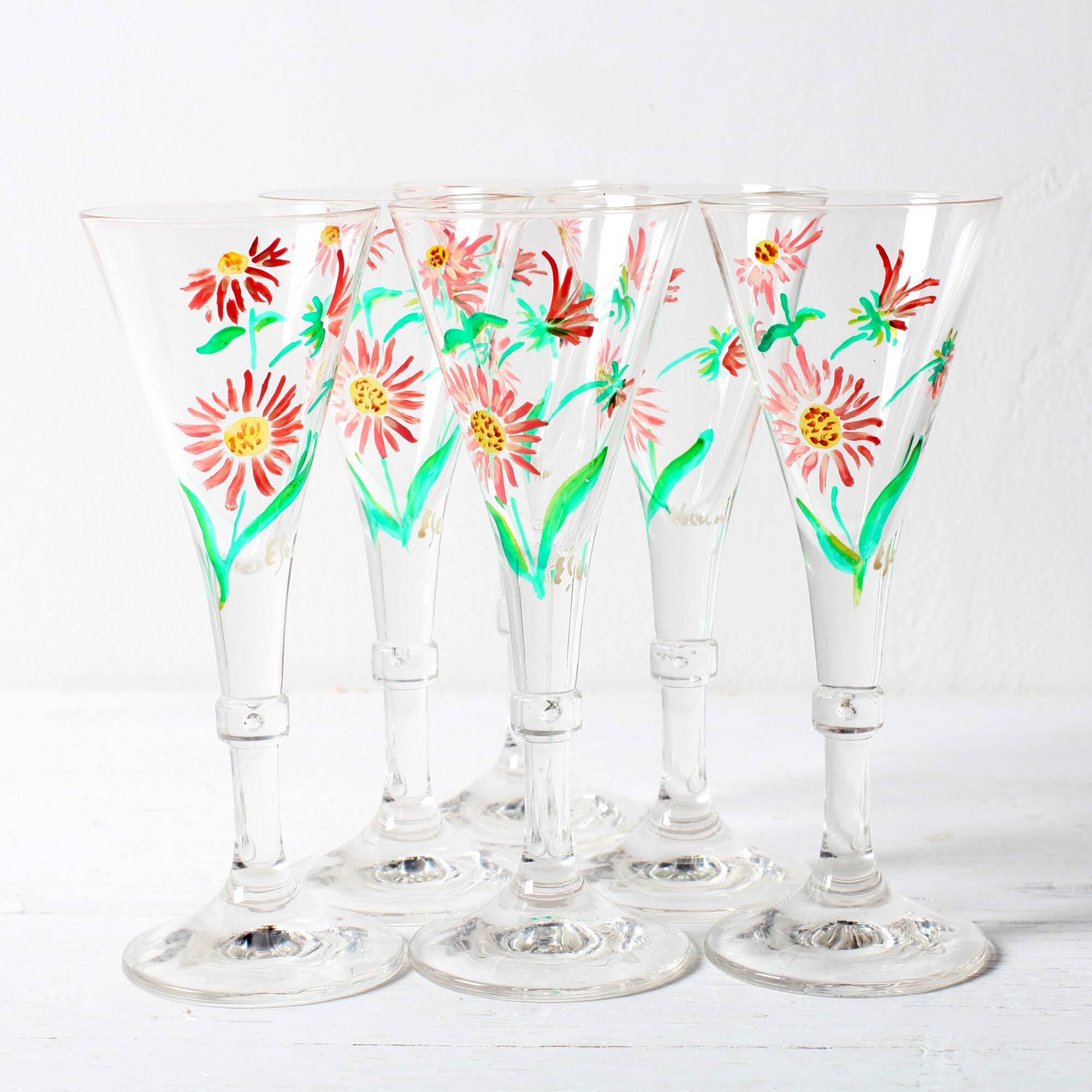 Set of 6 Mid-century Rare Floral Design Champagne Flutes / Italy / 1960s