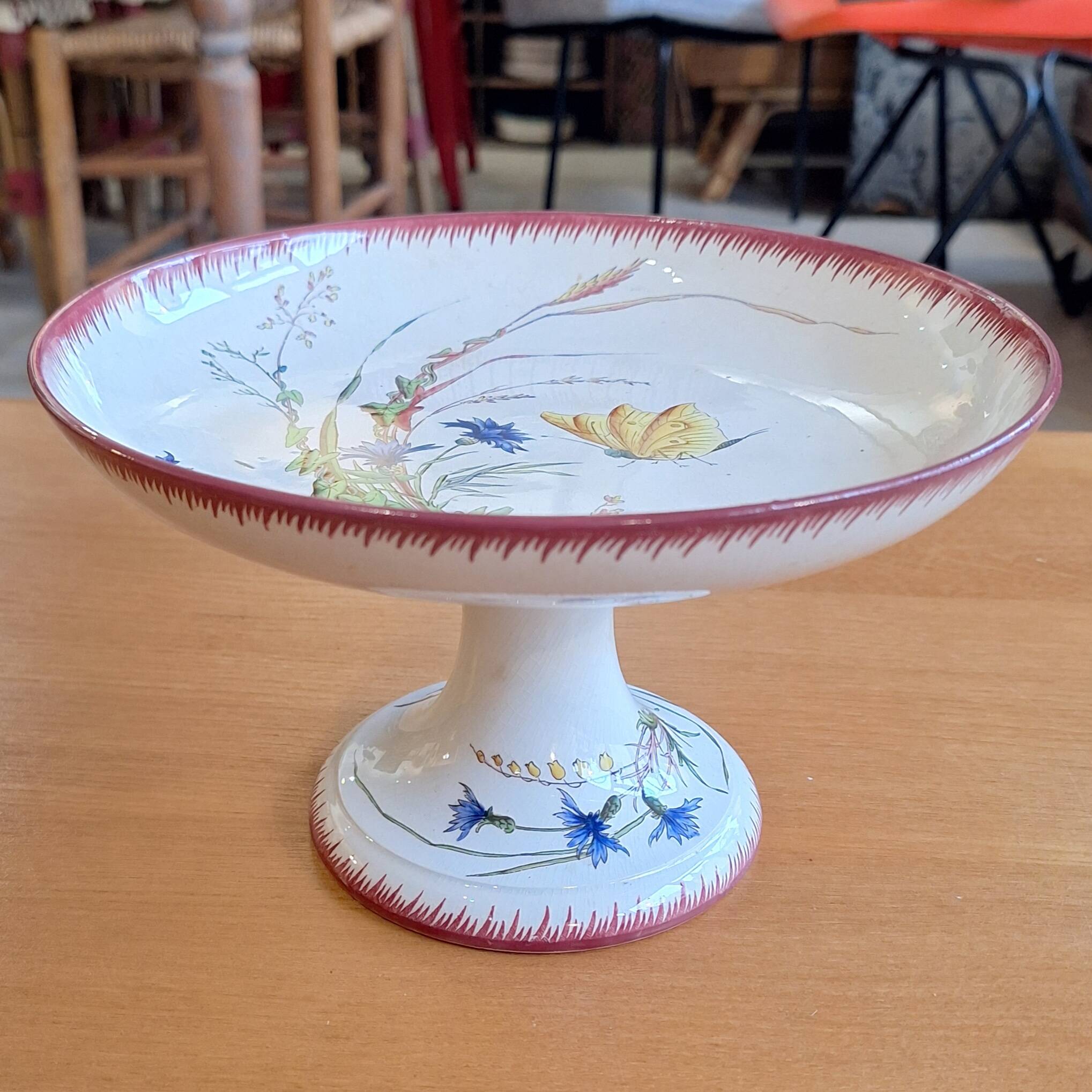 Compote dish/round bowl on foot Sarreguemines Butterfly decoration