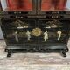 20th century China: Pretty bookcase in lacquer, hard stone and mother-of-pearl with three glazed sides