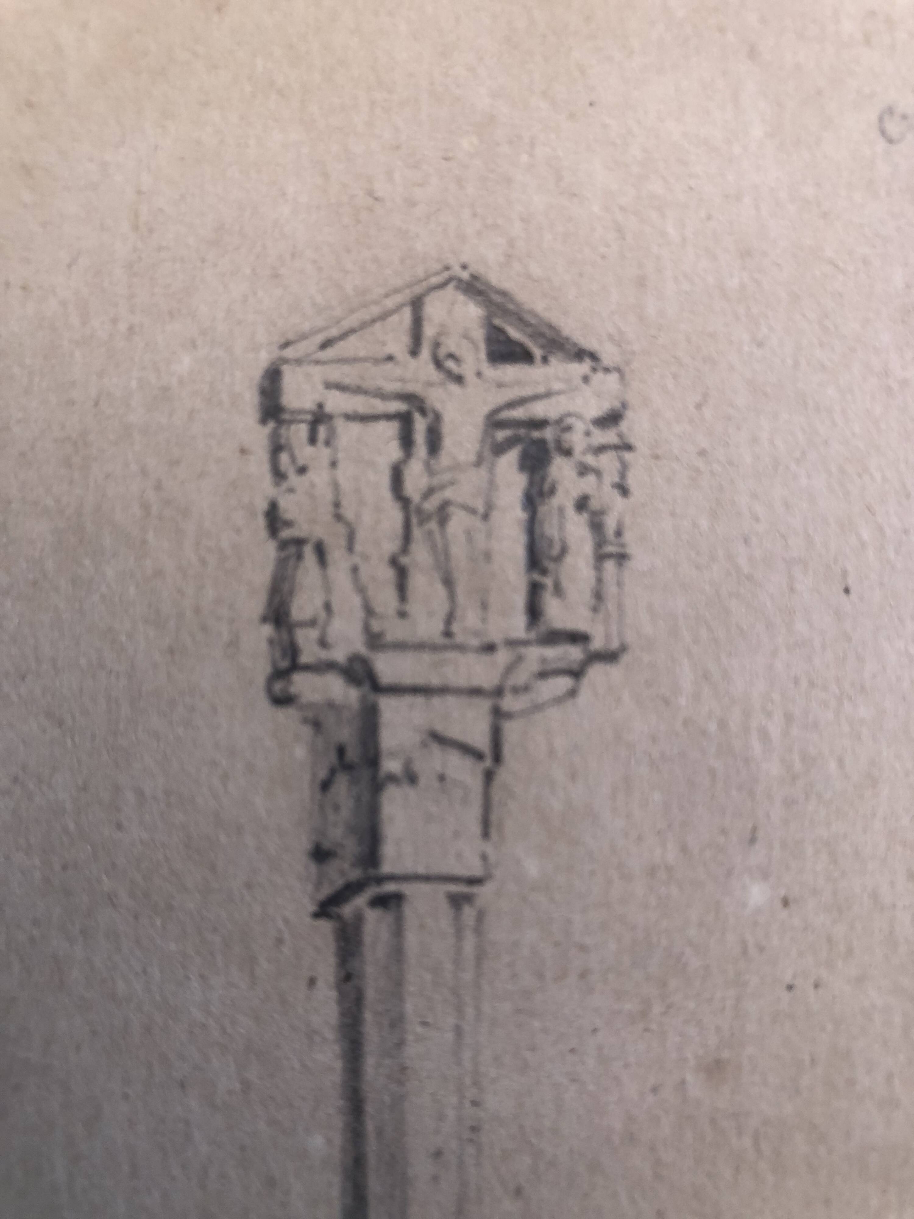 Drawing 1850 pencil croix de st fiacre in auray morbihan brittany 56, signed fm ferdinand moutier