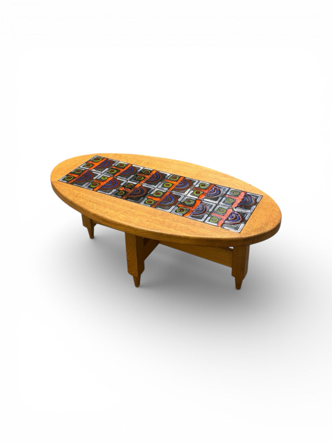 Oval coffee table in oak and ceramic by Guillerme & Chambron for