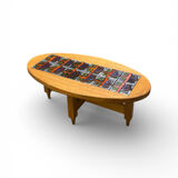 Oval coffee table in oak and ceramic by Guillerme & Chambron for