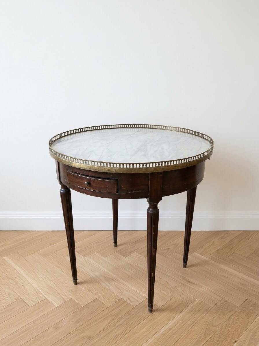 Empire round side table in wood and marble with brass gallery