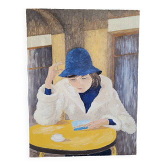 Portrait huile sur toile femme écrivant une carte postale