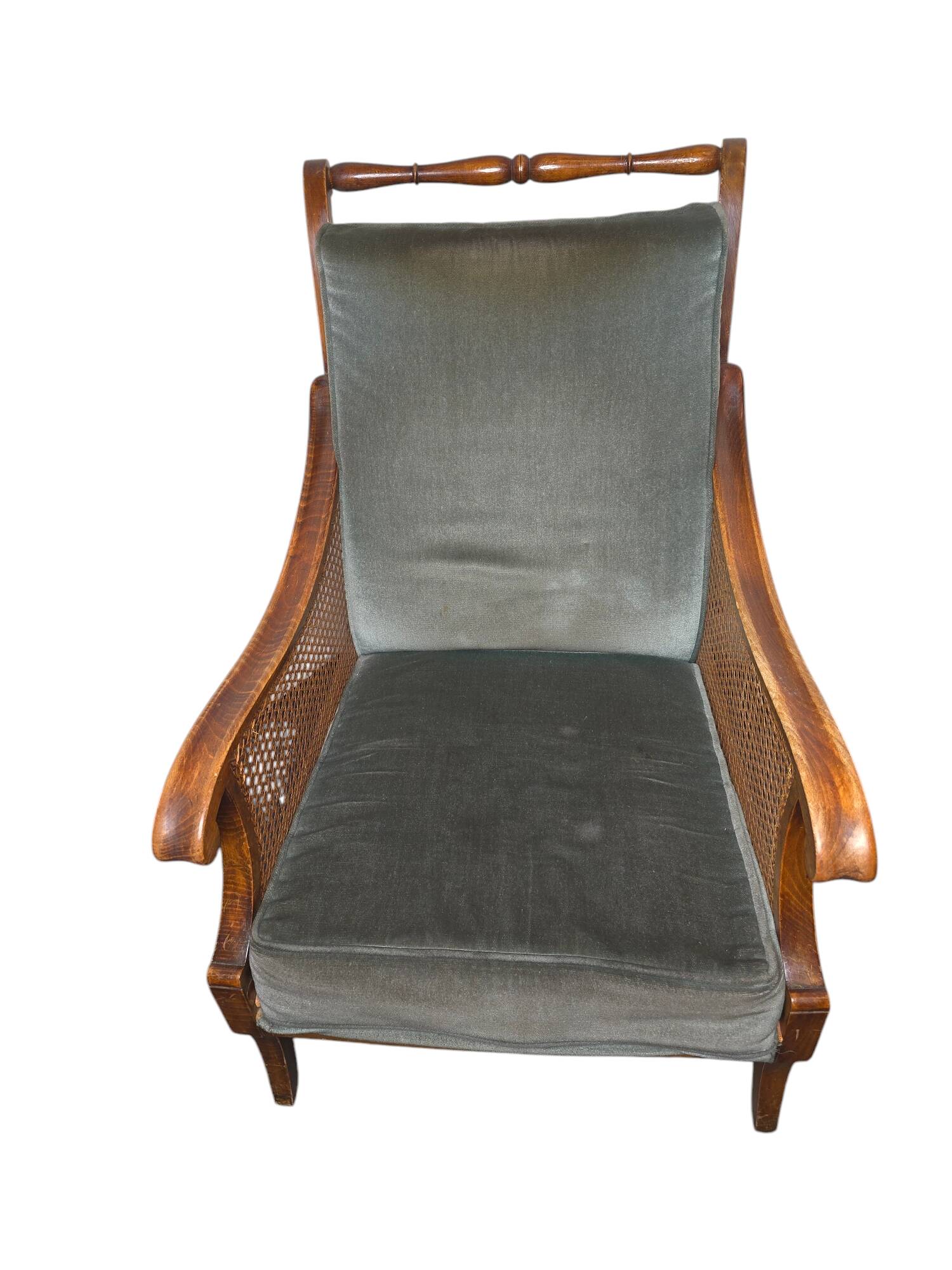Fauteuil bergère style Régence en bois, tissu et cannage