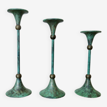 Series of 3 green tinted brass candlesticks from the 70s