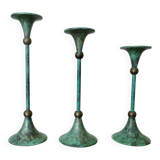 Series of 3 green tinted brass candlesticks from the 70s
