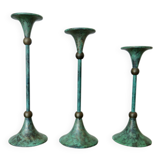 Series of 3 green tinted brass candlesticks from the 70s