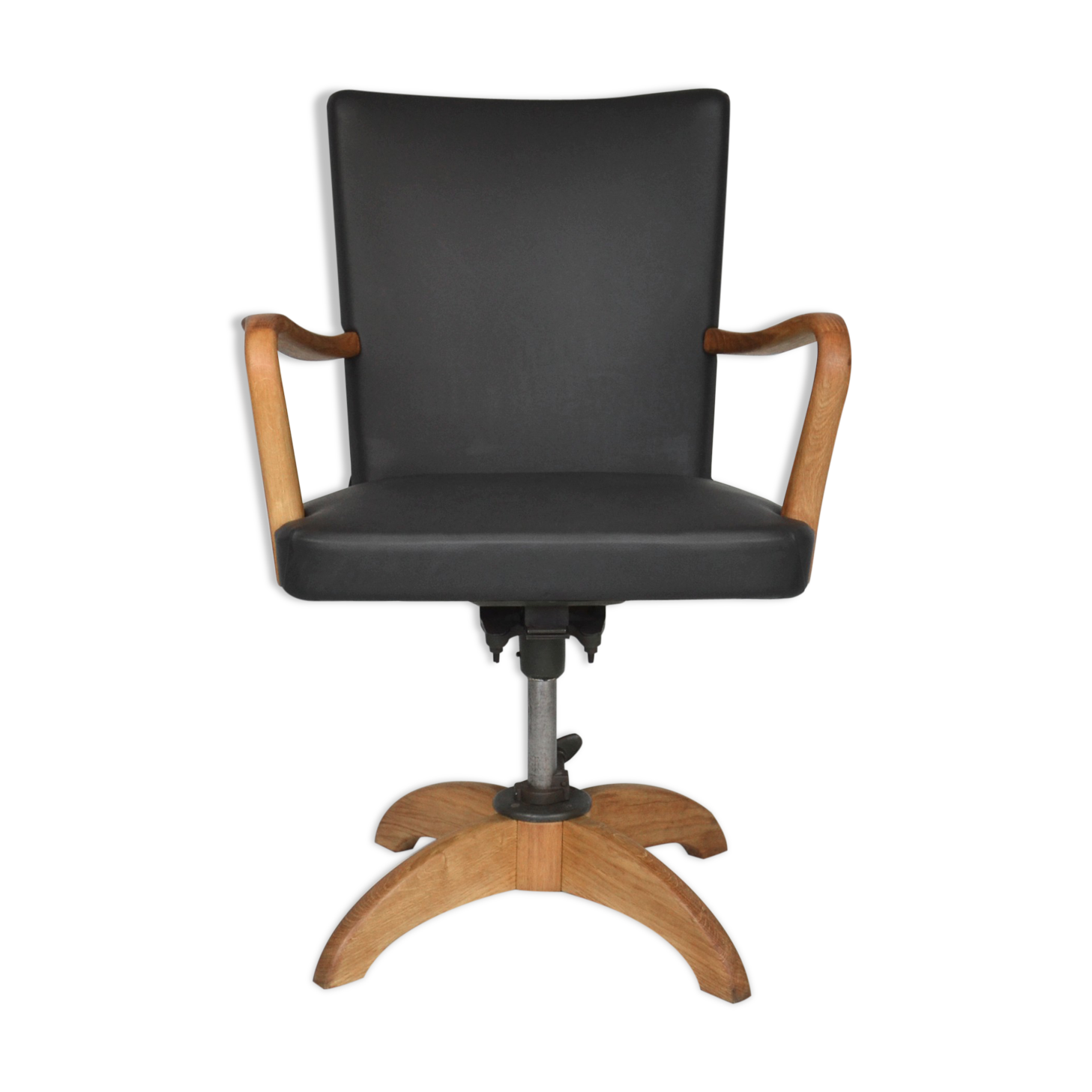 Antique black leather and oak desk chair 1900s, Sweden