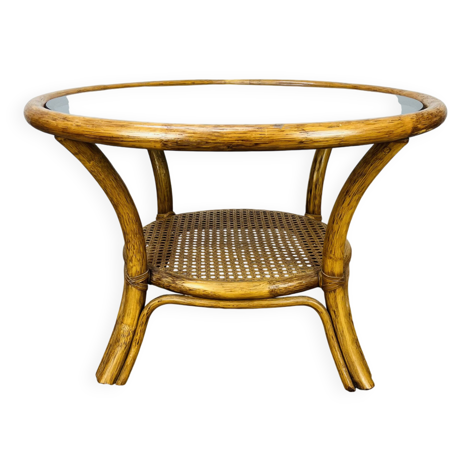 Round rattan smoked glass coffee table, 60s