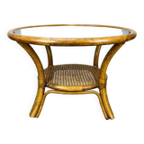 Round rattan smoked glass coffee table, 60s