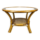 Table basse rotin verre fumé ronde, années 60