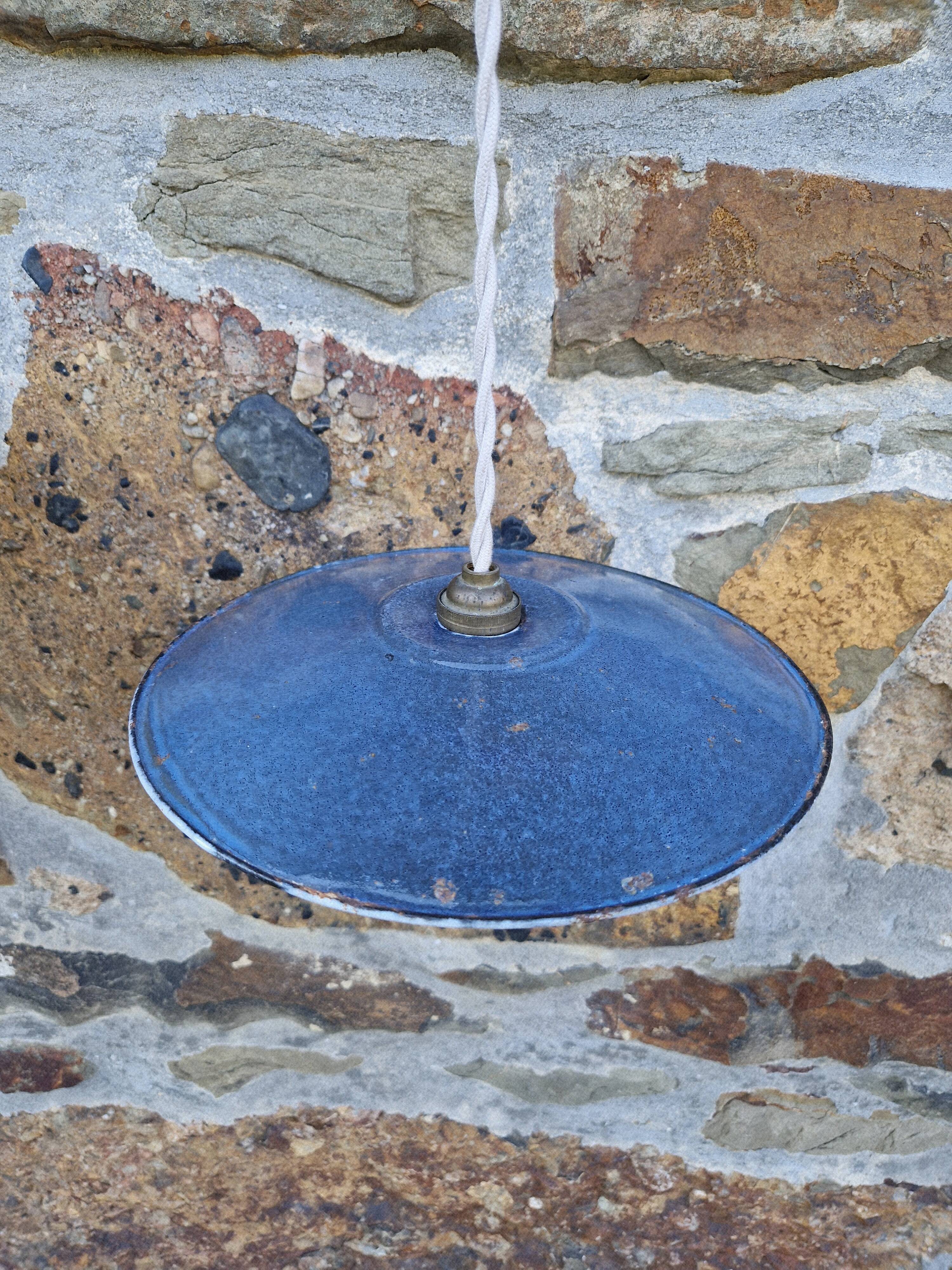 Set of 3 industrial pendant lights in blue enamelled sheet metal