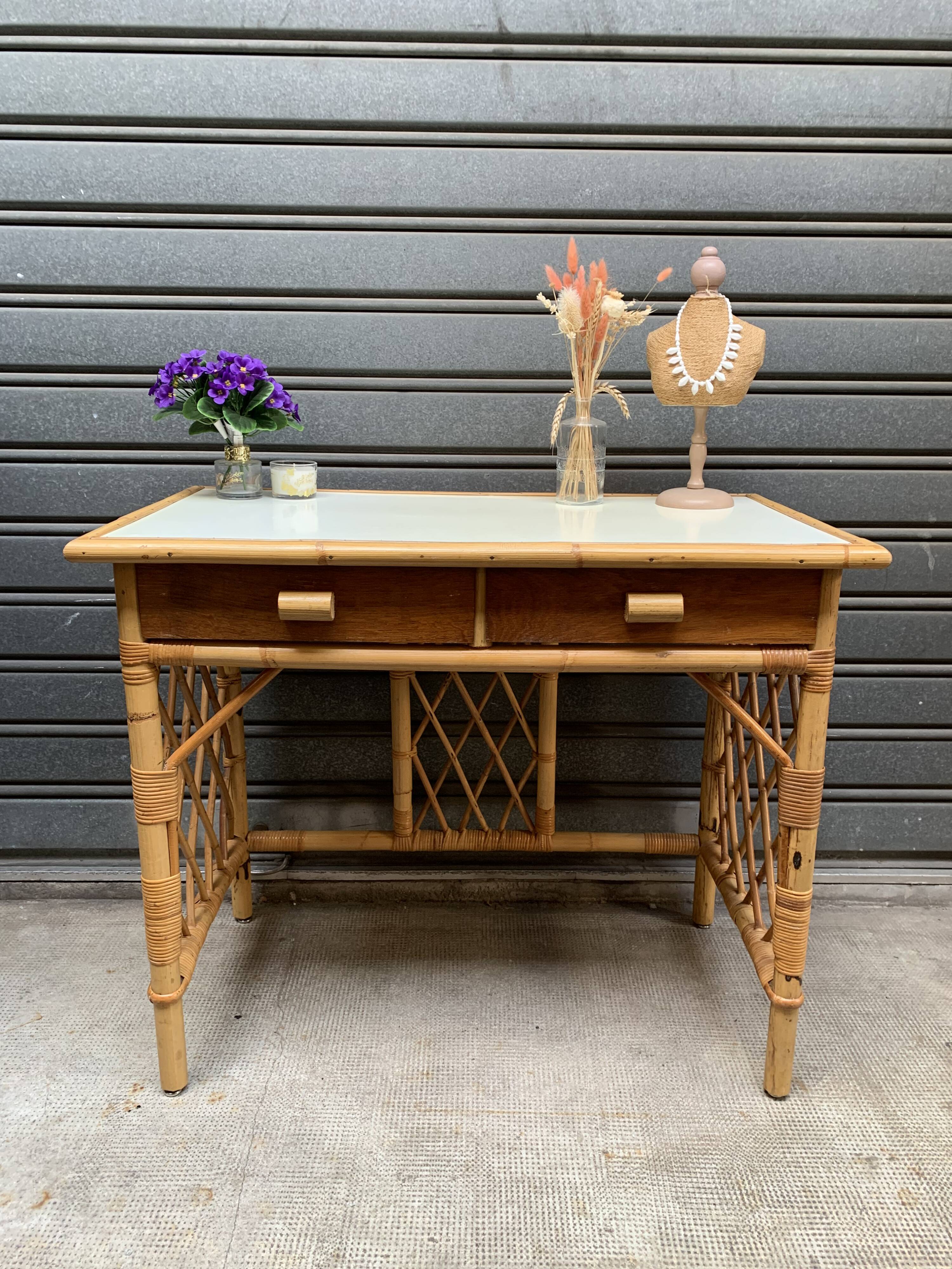 Flat desk in rattan and formica 1970s'