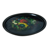 Superbe plateau ancien en métal peint à la main – motif floral coloré